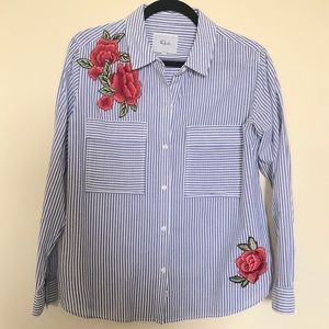Rails Frances Striped Button Front Rose Embroidery